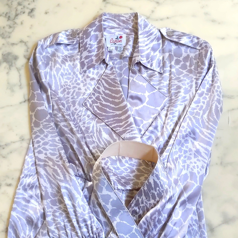 NWOT. Vintage Caron Satin Silver Grey Animal Print Jumpsuit w/two side pockets.